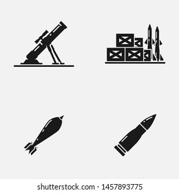 Set of mortar, missiles, bombs and other military equipment.