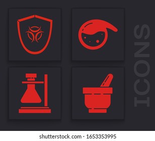 Set Mortar and pestle, Biohazard symbol on shield, Test tube and flask chemical and Test tube flask on stand icon. Vector