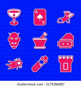 Set Mortar and pestle, Bottle with potion, Castle tower, Ticket, Fireball, Mask of the devil horns, Hermes sandal and Medieval goblet icon. Vector