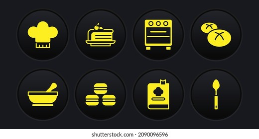 Fijar mortero y almirez, Pan de pan, galleta Macaron, Libro de cocina, Horno, Pieza de torta, Cuchara y el icono del sombrero de chef. Vector