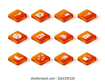 Set Mortar and pestle, Coffee beans, Cookie biscuit, Jam jar, Ice cream, Pudding custard, Cake and Jar honey icon. Vector