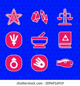 Set Mortar and pestle, Comet falling down fast, Snake, Ancient magic book, Mars, Neptune planet, Libra zodiac and Pentagram icon. Vector