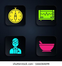 Set Mortar and pestle, Compass, Scientist and Computer monitor with cardiogram. Black square button. Vector