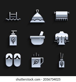 Set Mortar and pestle, Cup of tea leaf, Aroma diffuser, Massage, Flip flops, Essential oil bottle, Towel on hanger and Swimming pool with ladder icon. Vector