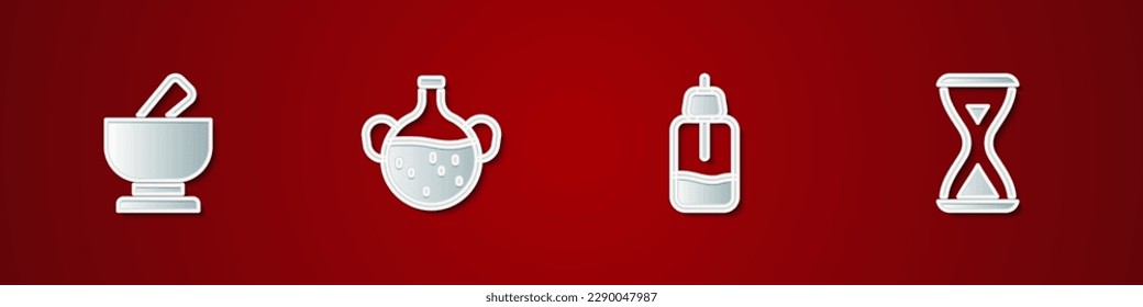 Set Mortar and pestle, Essential oil bottle,  and Sauna hourglass icon. Vector