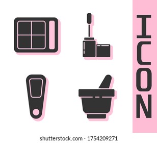 Set Mortar and pestle, Eye shadow palette, Hand mirror and Mascara brush icon. Vector