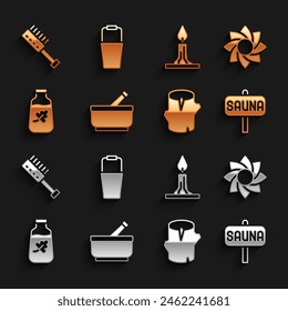 Set Mortar and pestle, Flower, Sauna, Wooden log, Essential oil bottle, Burning candle, brush and bucket icon. Vector