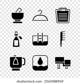 Set Mortar and pestle, Hanger wardrobe, Bathroom scales, Cup of tea with tea bag, Water drop, Sauna wood bench, Essential oil bottle and Swimming pool ladder icon. Vector