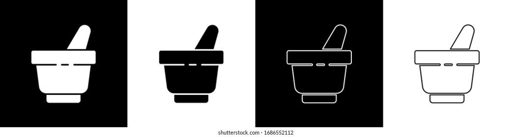 Set Mortar and pestle icon isolated on black and white background.  Vector Illustration