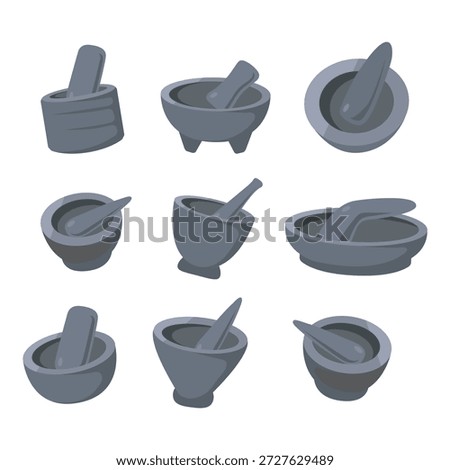 Set Of Mortar And Pestle Icons For Kitchen Spice Grinding And Cooking
