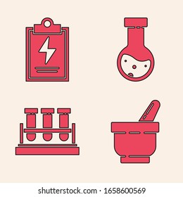 Set Mortar and pestle, Laboratory clipboard with checklist, Test tube and flask chemical and Test tube and flask chemical icon. Vector