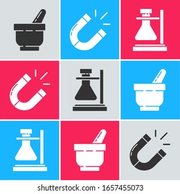 Set Mortar and pestle, Magnet and Test tube flask on stand icon. Vector