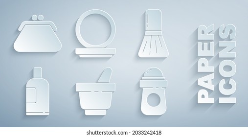 Set Mortar and pestle, Makeup brush, Bottle of shampoo, Antiperspirant deodorant roll, powder with mirror and Clutch bag icon. Vector