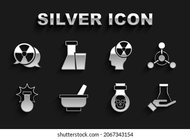 Fijar mortero y almirez, molécula, matraz de tubo de ensayo, veneno en botella, explosión química, símbolo de radiación de la cabeza, radiactivo e icono. Vector