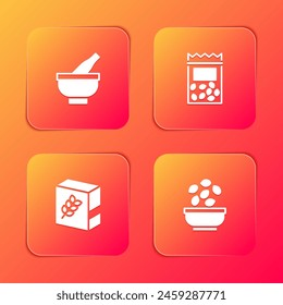 Set Mortar and pestle, Pack full of seeds of plant, Flour pack and Seeds in bowl icon. Vector