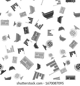 Set Mortar and pestle, Pie chart infographic, Earth globe and Electrical measuring instruments on seamless pattern. Vector