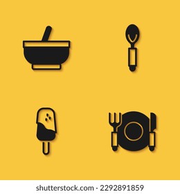 Set Mortar and pestle, Plate, fork knife, Ice cream and Spoon icon with long shadow. Vector