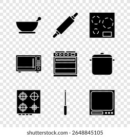 Conjunto Mortar e pilão, Rolando, fogão elétrico, Gás, afiador de faca, Balanças eletrônicas, Micro-ondas forno e ícone de forno. Vetor