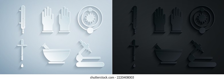Set Mortar and pestle, Solar system, Pipette, Microscope, Rubber gloves and Meteorology thermometer measuring icon. Vector