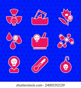 Fijar mortero y almirez, termómetro, bomba nuclear, fórmula química, radiactiva en la ubicación, lluvia ácida, flor de veneno e ícono. Vector