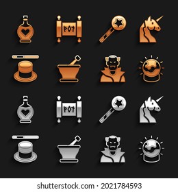 Fijar Mortero y almirez, Unicornio, bola mágica, Vampire, varita con poción de amor e icono de desplazamiento. Vector