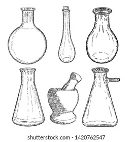 Set of mortar and pestle, witch bottles with magic liquid or poison and love potion, line and dot stipple, hand drawn. Flash tattoo design. Spiritual occultism chemistry, magic tattoo sketch. Vector.