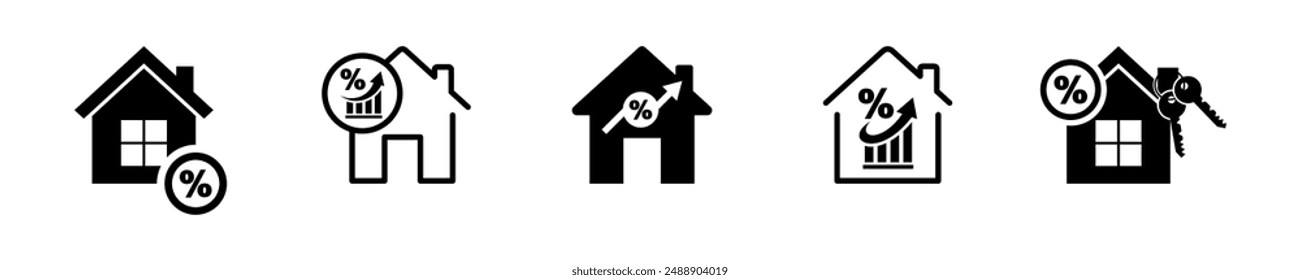 Conjunto de iconos de vector de la casa de tasa hipotecaria. Compra una casa con hipoteca. Casa y porcentaje.