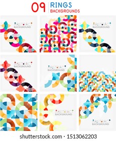 Set of mosaic abstract backgrounds, geometric patterns with triangle shapes and round elements. Vector art