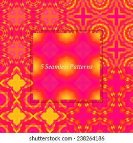 Set of mosaic abstract seamless patterns. Bright colors. Fantasy vivid background.
