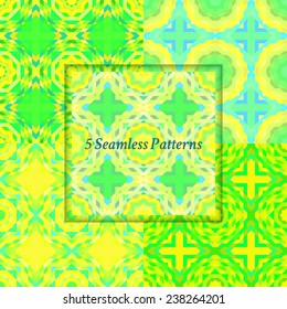 Set of mosaic abstract seamless patterns. Bright colors. Fantasy vivid background.