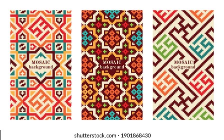Set of mosaic banners with tiles. Modern geometric textures. Vector illustration.