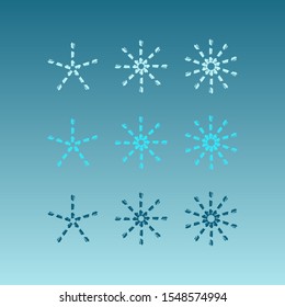 Set of mosaic dark and light blue snowflake icon on sky background. Symbol of winter, cold and holidays. Simple winter elements for events, cards, wrapping paper and print. Vector illustration.