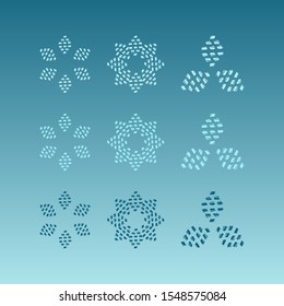 Set of mosaic dark and light blue snowflake icon on sky background. Symbol of winter, cold and holidays. Simple winter elements for events, cards, wrapping paper and print. Vector illustration.