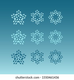 Set of mosaic dark and light blue snowflake icon on sky background. Symbol of winter, cold and holidays. Simple winter elements for events, cards, wrapping paper and print. Vector illustration.