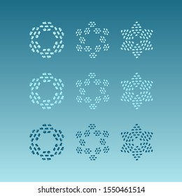 Set of mosaic dark and light blue snowflake icon on sky background. Symbol of winter, cold and holidays. Simple winter elements for events, cards, wrapping paper and print. Vector illustration.