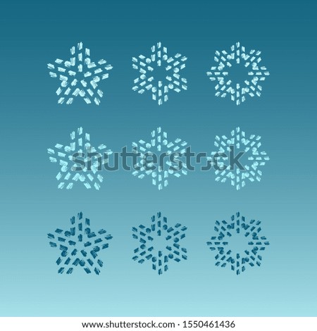 Set of mosaic dark and light blue snowflake icon on sky background. Symbol of winter, cold and holidays. Simple winter elements for events, cards, wrapping paper and print. Vector illustration.
