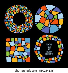 Set of Mosaic design elements in different forms on black background. Ceramic tile texture. Easy to recolor.  