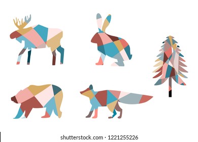 Set of mosaic fox, mosaic bear, rabbit, moose,  fir silhouette. Colouring. Isolate object on the white background.