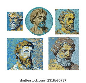 Set of mosaic icons with ancient philosophers.Vector template