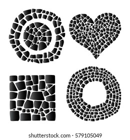 Set of Mosaic objects on white background. Black gradient color. Ceramic tile texture. Easy to recolor.  