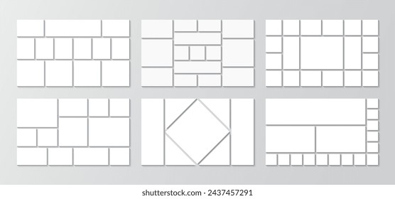 Set of mosaic pictures geometric frames. Collage layout collection template. Photo moodboard set. Mood board grid. Album brandboard. Gallery banner. Organised portfolio. Vector illustration