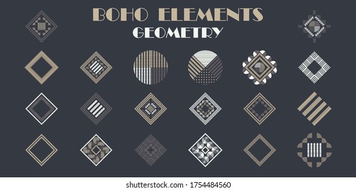 Set: Mosaic of striped figures. Geometry. Logo. Design with manual hatching. Textile. Ethnic boho ornament. Vector illustration for web design or print.