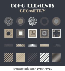 Set: A mosaic of striped geometric figures. Design with manual hatching. Textile. Ethnic boho ornament. Vector illustration for web design or print.