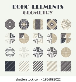 Set: A mosaic of striped geometric figures. Design with manual hatching. Textile. Ethnic boho ornament. Vector illustration for web design or print.