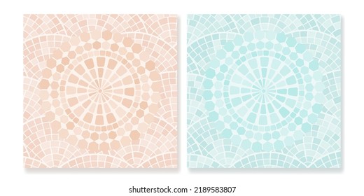 Set of mosaic tiles with a floral and circular ornaments in beige and blue