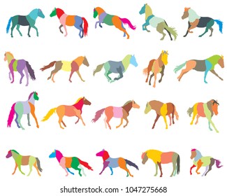 Set of mosaic vector colorful trotting and galloping horses (Norwegian fjord pony) silhouettes isolated on white background