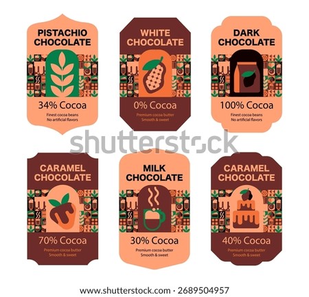 Set of mosaic-style labels for chocolate packaging. Simple shapes, and elegant modern geometry in a vector illustration. Packaging design