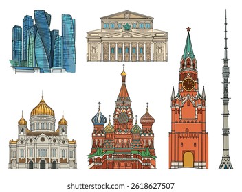 Set of Moscow city landmarks. Vector hand drawn illustration. For printing.