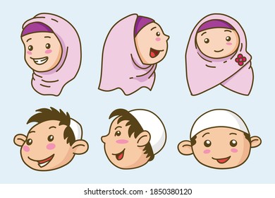 Conjunto de niños moslem con diferentes avatares niños y niñas en ilustraciones de estilo vectorial.