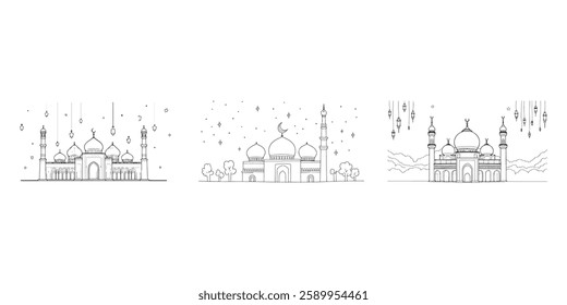 Set of A Mosque building for coloring page, vector illustration, Vector Islamic Mosque Coloring Page For Kids Activity